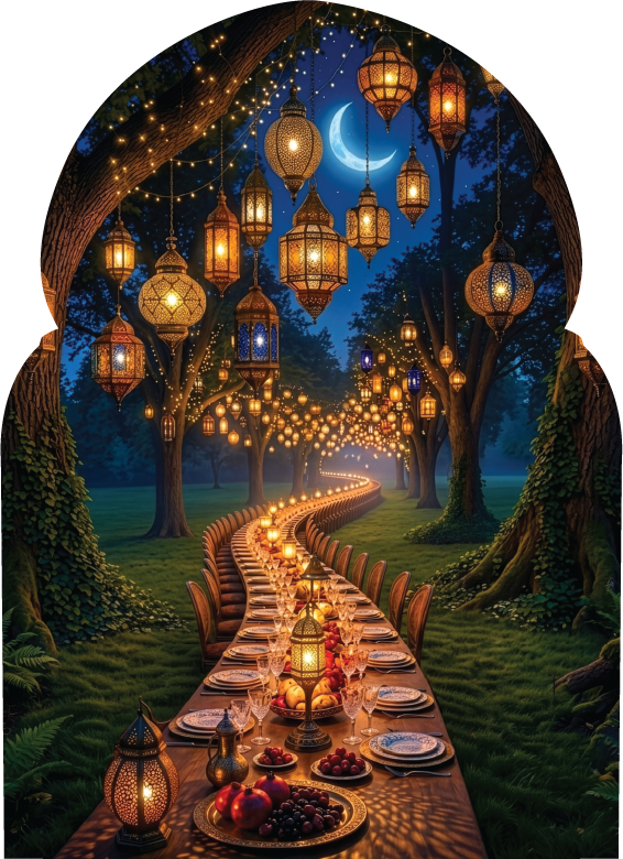 A canopy of Moroccan lanterns lit above a long candlelit table beneath the trees of Beechwood Cemetery